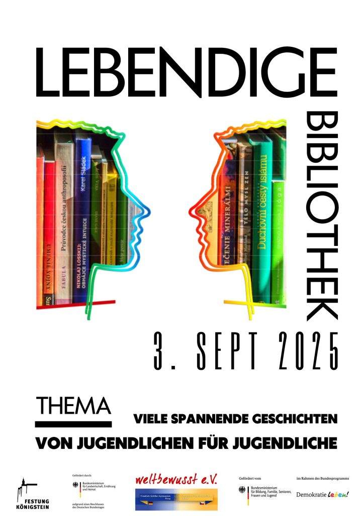Ein Bild von den Silhouetten zweier Menschen, die sich anschauen. Auf den Silhouetten sind Bücher zu sehen. Text: "Lebendige Biliothek am 3. September 2025. Thema: Viele Spannende Geschichten von Jugendlichen für Jugendliche."