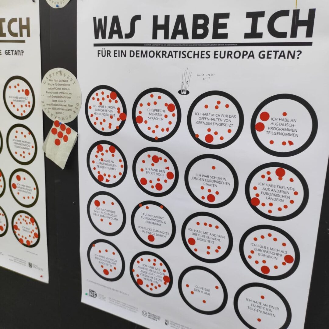 Eine Pinnwand mit Fragen: "Was habe ich für ein demokratisches Europa getan?"