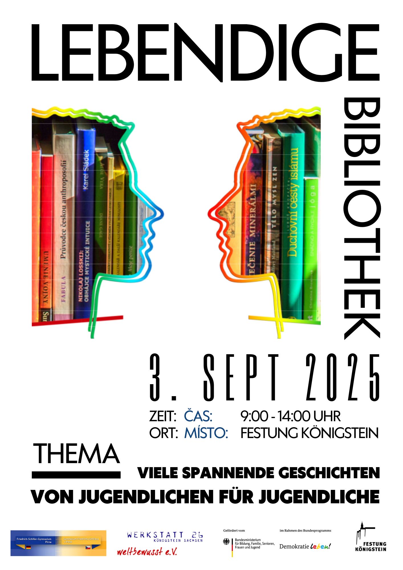 Plakat zur Lebendigen Bibliothek am 3. September. Es zeigt die Silhouetten von zwei Leuten, die sich anschauen.