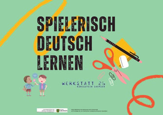 Ein Bild mit dem Text "Spielerisch Deutsch lernen" und zwei Kindern, die miteinander reden
