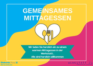 Bunte Kachel mit dem Titel "Gemeinsames Mittagessen"
