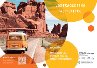 Ein Bild von einem Kleinbus vor einem roten Felsen. Titel: Vortragsreihe Weltblicke.