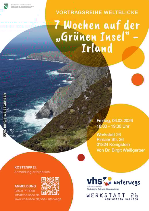 Ein Bild der irischen Küste. Titel: 7 WOchen auf der "Grünen Insel" – Irland.