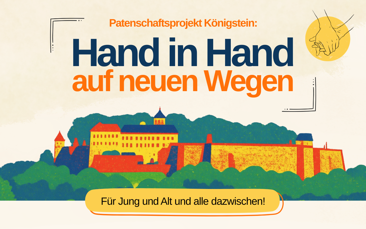 Plakat für das Patenschaftsprojekt mit dem Bild der Festung Königstein sowie den Angeboten