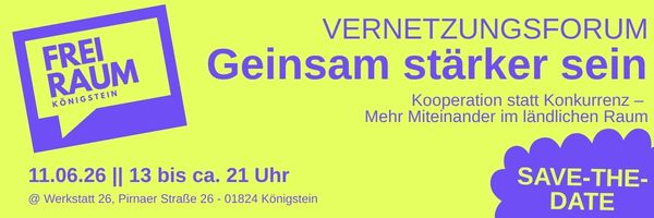 Save the date zum zweiten Netzwerkforum. der Hintergurnd ist neongelb. die Schrift und einige Bildelemente Lilafarben.